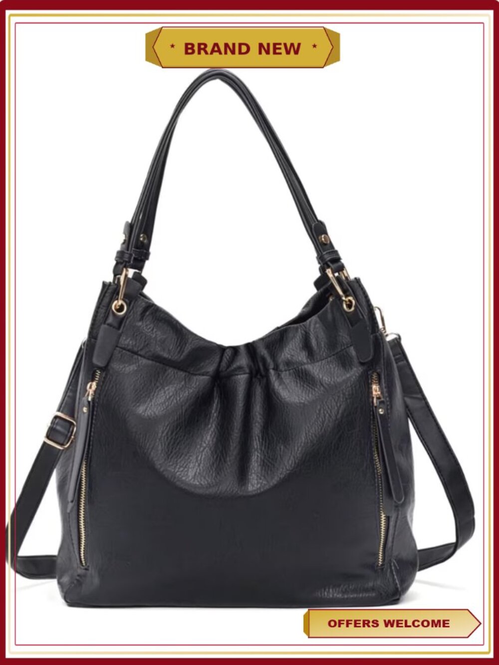 Large Pleated Hobo Bag Soft Faux Leather Tote Shoulder Crossbody